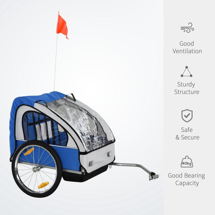 Blue child bike trailer with clear front, rear flag, and connected tow bar