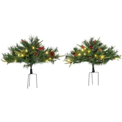 Pair of 2 ft pre-lit artificial Christmas trees with warm white lights and red accents