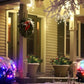 Pre-lit artificial Christmas tree set on porch steps with warm white lights and red berries