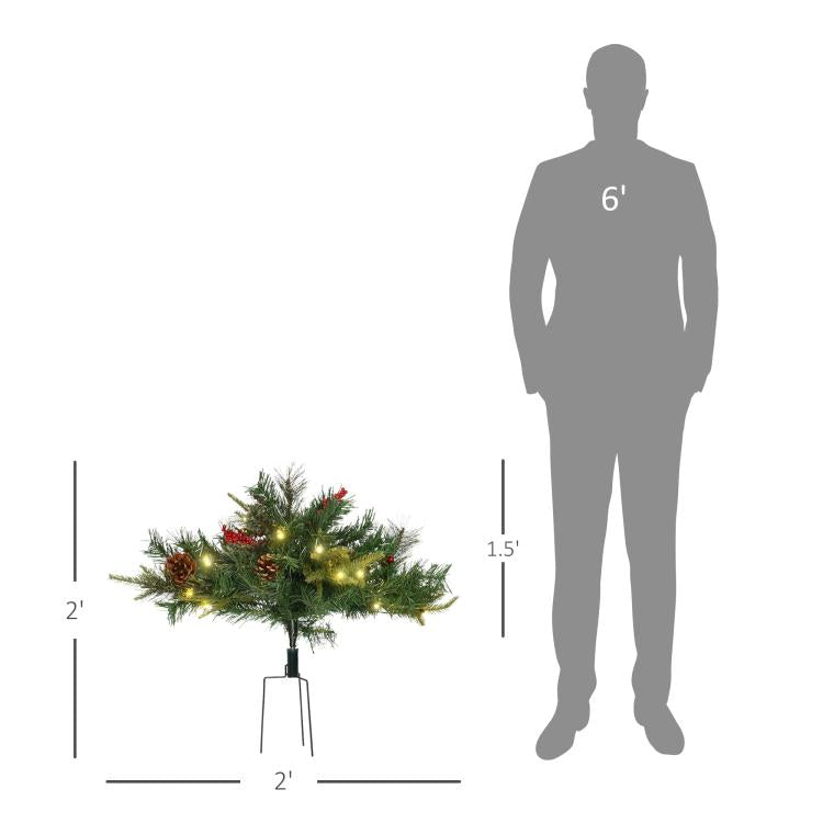 2 ft pre-lit artificial Christmas tree on stand with warm white lights and red accents