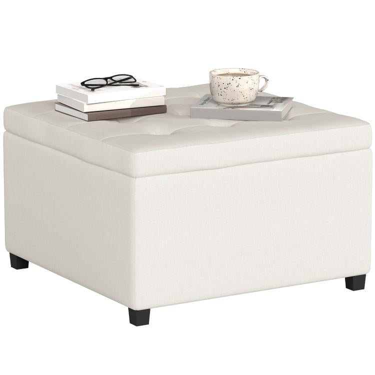 Beige square storage ottoman bench with button-tufted flip-top lid and padded sides