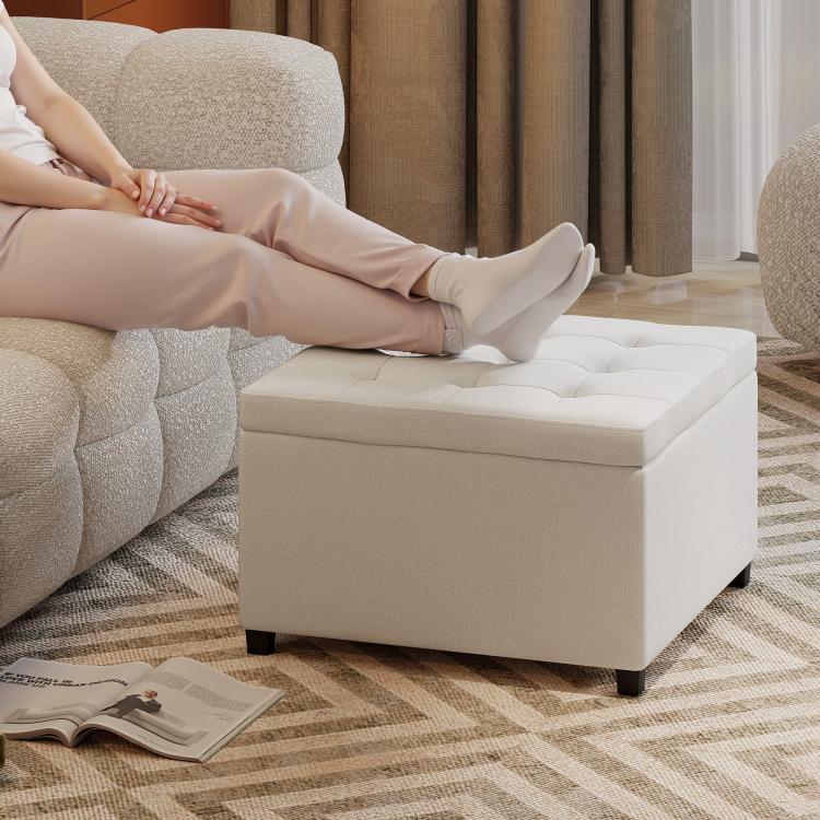 Beige square storage ottoman bench with cushioned seat and padded sides