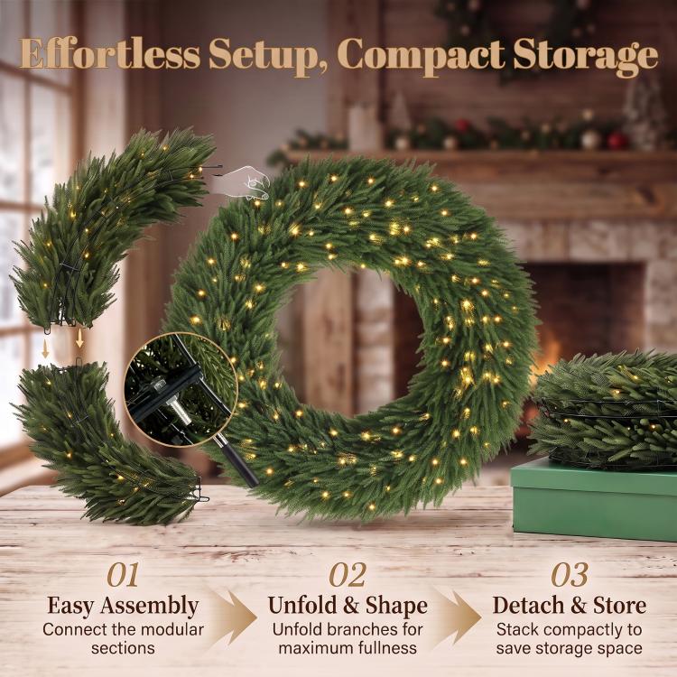 Green pre-lit wreath section with warm white LED lights, plus storage/assembly view