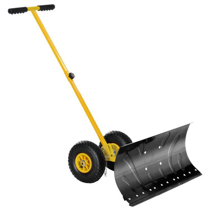 Yellow rolling snow shovel with black blade and 10-inch wheels