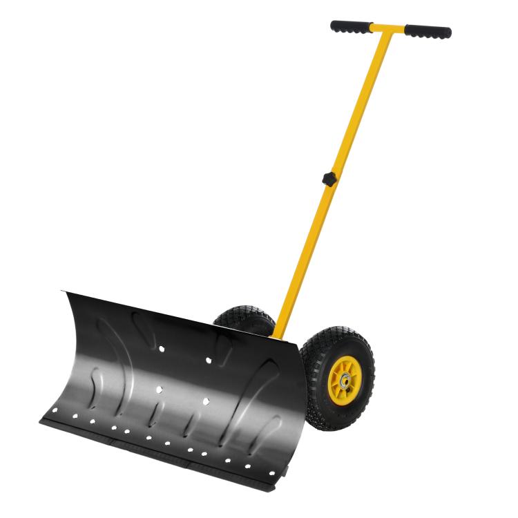 Rolling snow pusher shovel with angled black blade, yellow frame, 10-inch wheels