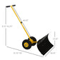 Yellow rolling snow shovel with black blade and wheels shown with size dimensions