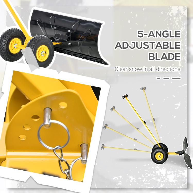 Adjustable rolling snow shovel with black 5-angle blade and yellow frame