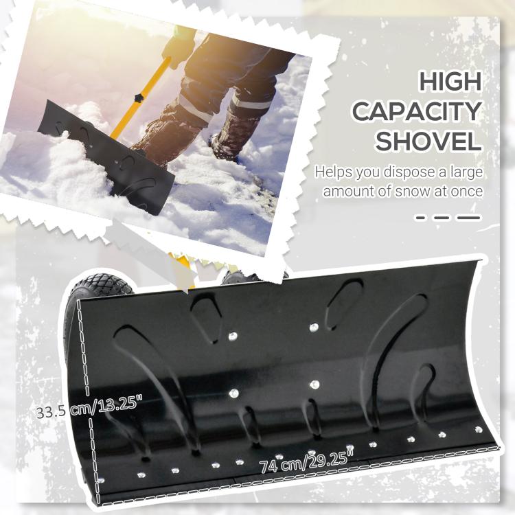 High-capacity rolling snow shovel with black blade and yellow frame