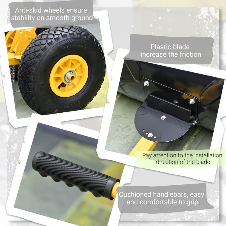 Rolling snow shovel with treaded anti-skid wheels and cushioned handle grips