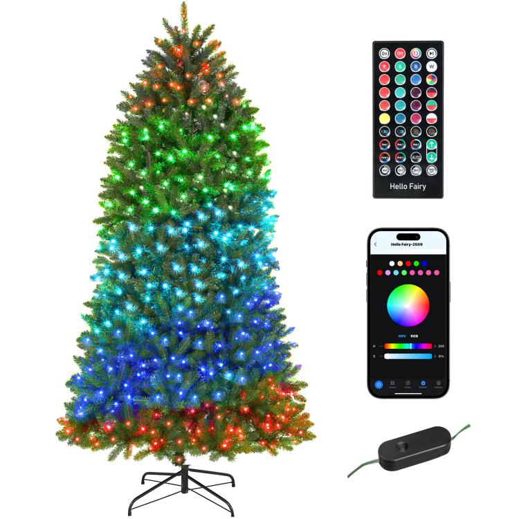 Prelit Christmas tree with multicolor LED lights and black metal stand, full view