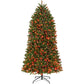 Prelit Christmas tree with warm red and green LED lights and black metal stand