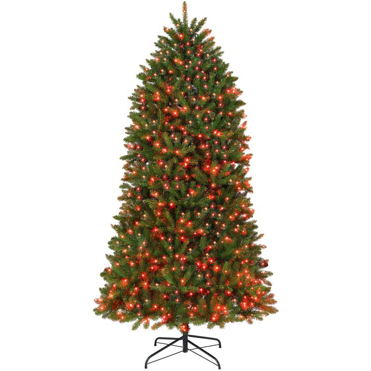 Prelit Christmas tree with warm red and green LED lights and black metal stand