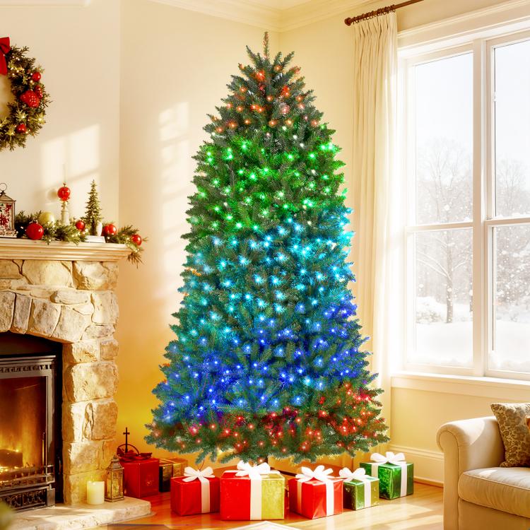 Prelit Christmas tree with green, blue, and red LED lights and full, hinged shape