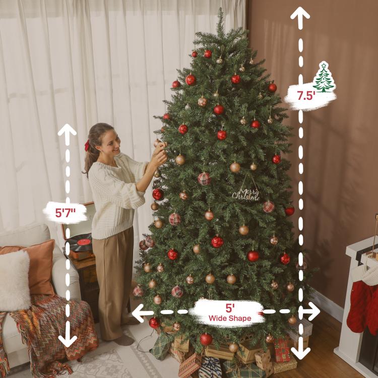 Prelit 7.5 ft Christmas tree with red baubles, multicolor LEDs, size guide overlay