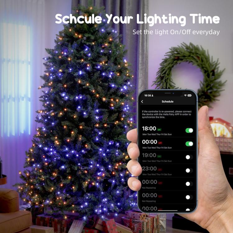 Smartphone schedule app controlling multicolor LED Christmas tree lights
