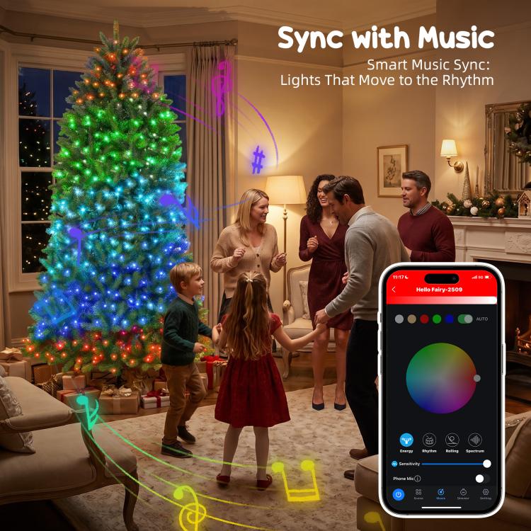 Prelit Christmas tree with multicolor LEDs and music-sync app on smartphone