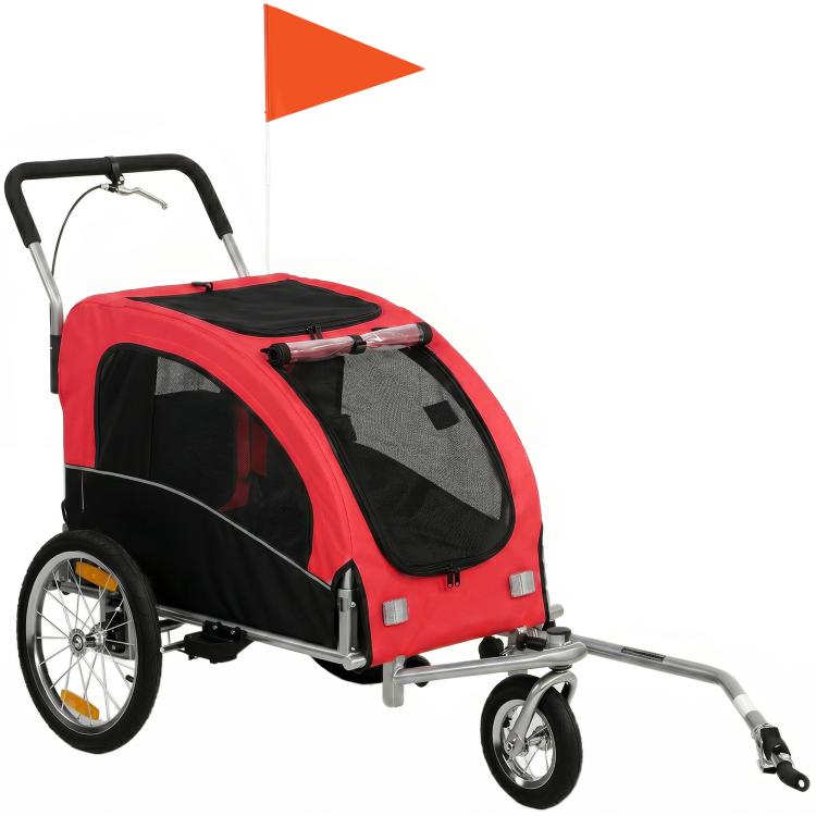 Red and black dog bike trailer with mesh windows and foldable stroller frame