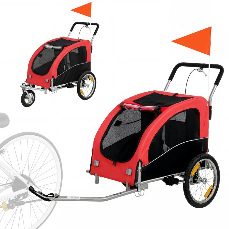 Red foldable pet bike trailer stroller with handlebar, black mesh cabin, suspension wheels