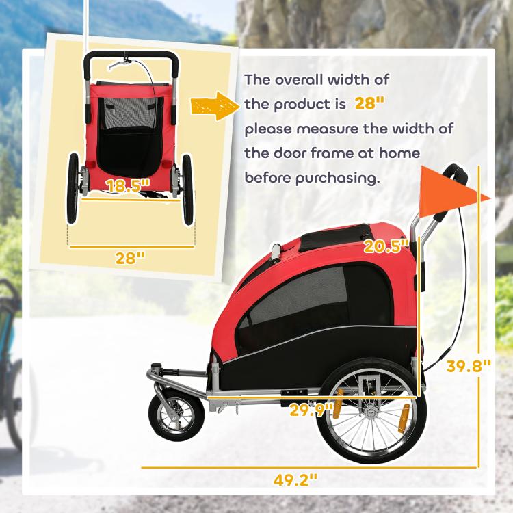 Red dog trailer with measurements shown, foldable frame and two-wheel base