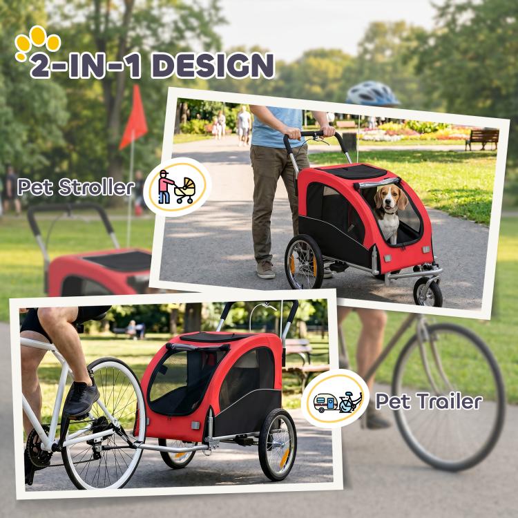 Red 2-in-1 pet stroller and dog bike trailer with mesh enclosure and handle