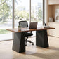 Light walnut 63-inch desk with trapezoidal black legs and flat tabletop