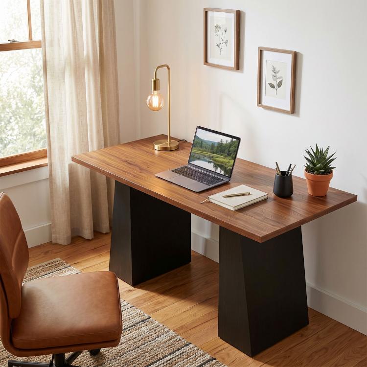 Light walnut computer desk with black trapezoidal legs, in-home office setting