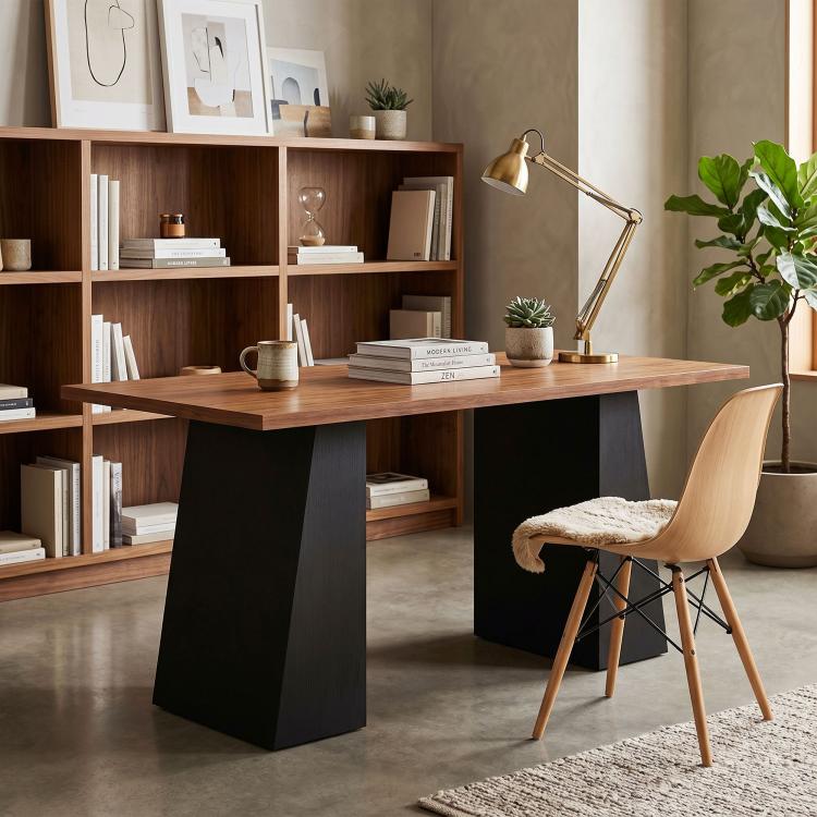 Light walnut computer desk with black trapezoidal legs, modern office with chair