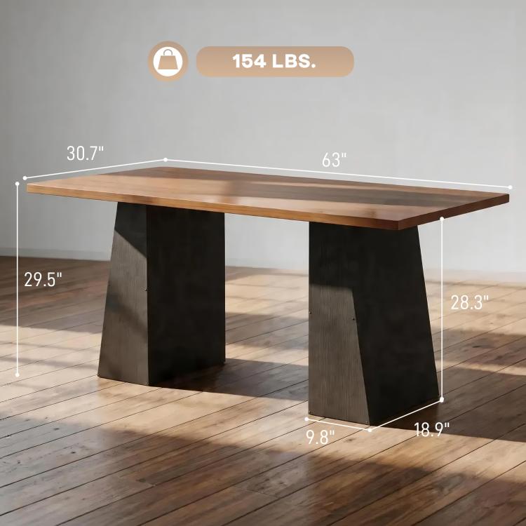 Light walnut computer desk with black trapezoidal legs, 63-inch size diagram