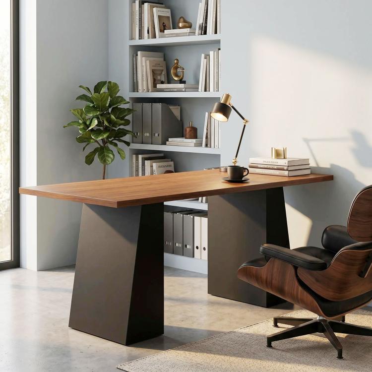 Light walnut desk with black trapezoidal legs, home office corner view