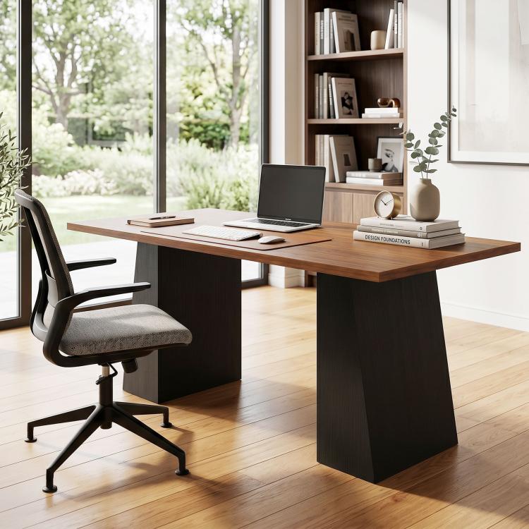 Light walnut computer desk with black trapezoidal legs, desk chair and shelf backdrop