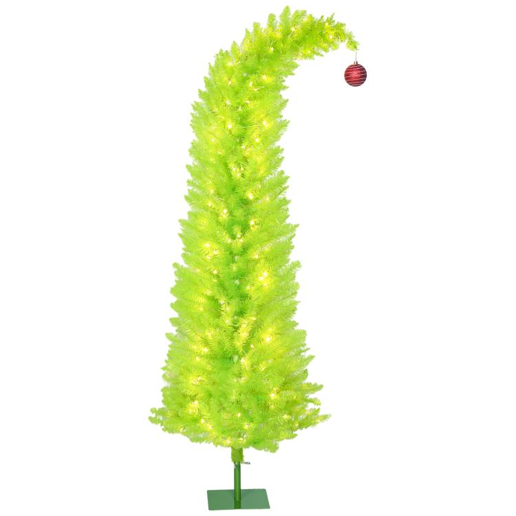 Pre-lit pencil Christmas tree with warm white lights, green base, red ball ornament