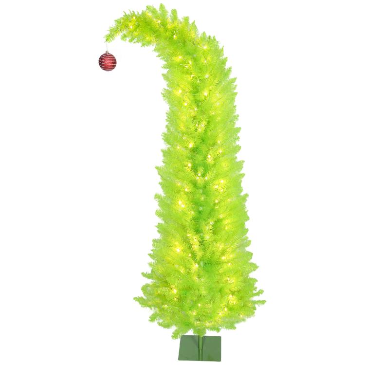 Pre-lit tall pencil Christmas tree in light green with warm lights and red ball ornament