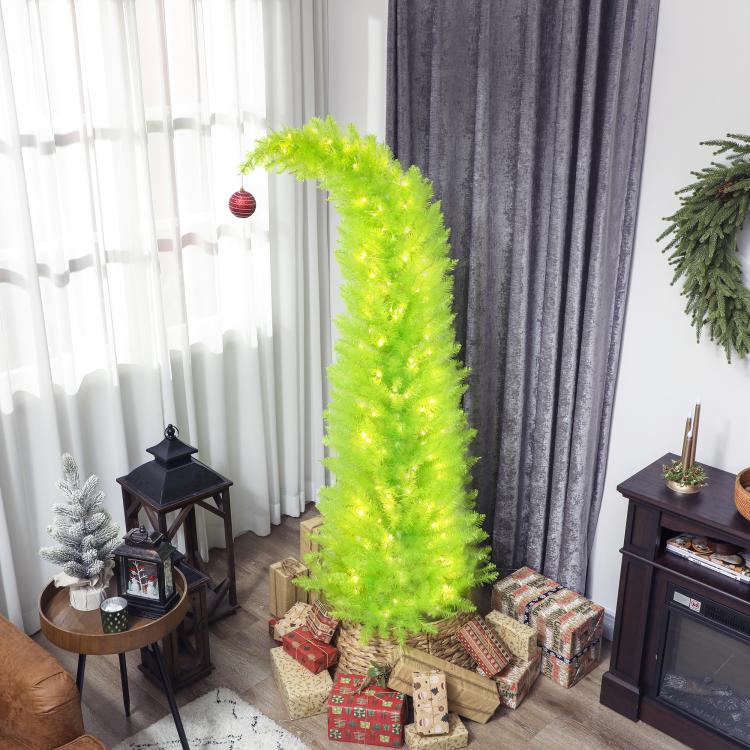 Light green pre-lit pencil Christmas tree with red ball ornament and green base