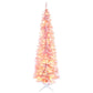 Pink pre-lit pencil Christmas tree with warm white LED lights and white star stand