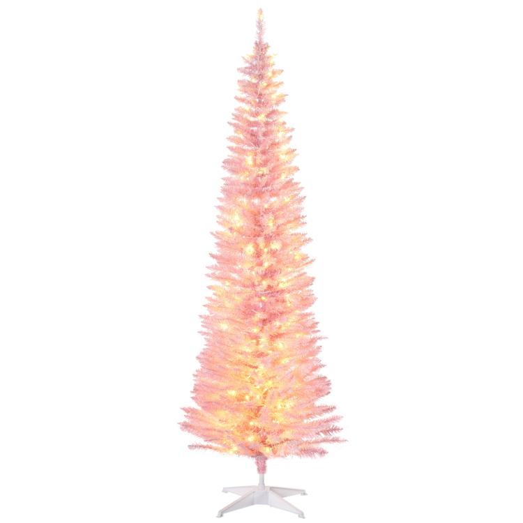 Pink slim artificial Christmas tree with warm white LED lights and base stand