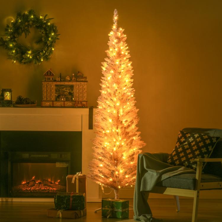 Pink pencil Christmas tree lit with warm white LED lights