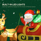 Close-up of inflatable Santa on sleigh with built-in LED lighting, glowing face