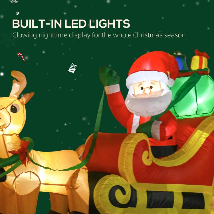 Close-up of inflatable Santa on sleigh with built-in LED lighting, glowing face