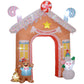 Candy house inflatable archway with gingerbread figure, snowman, and candy-striped columns