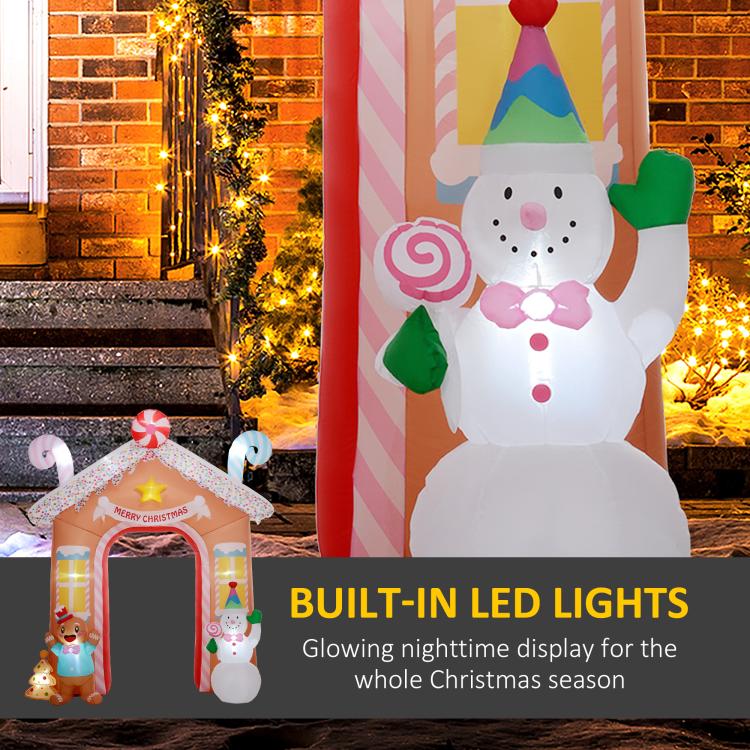 Candy house inflatable archway close-up with snowman figure and candy-striped window panel