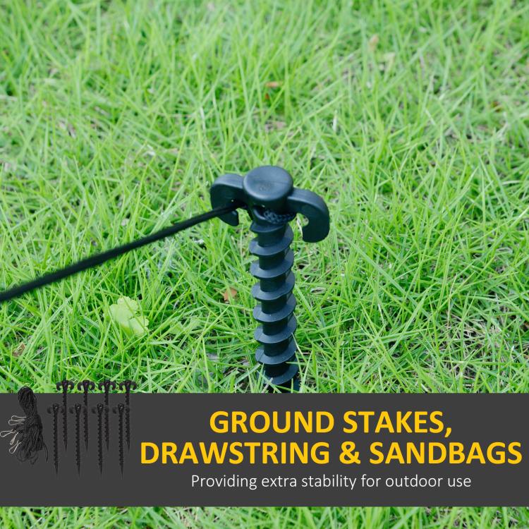 Included ground stakes, drawstring, and sandbags for securing the inflatable arch