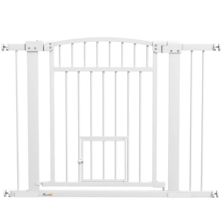 White walk-through pet gate with vertical bars and secure latch hardware