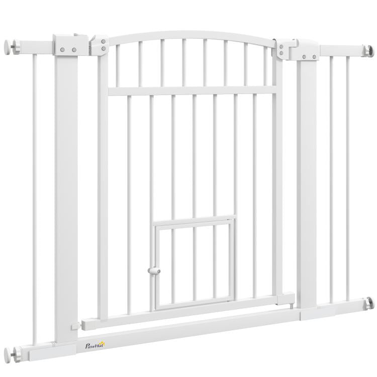 White walk-through pet gate with cat door opening and wide frame