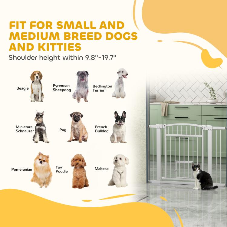 White walk-through dog gate with cat door, shown with a small black cat inside doorway.