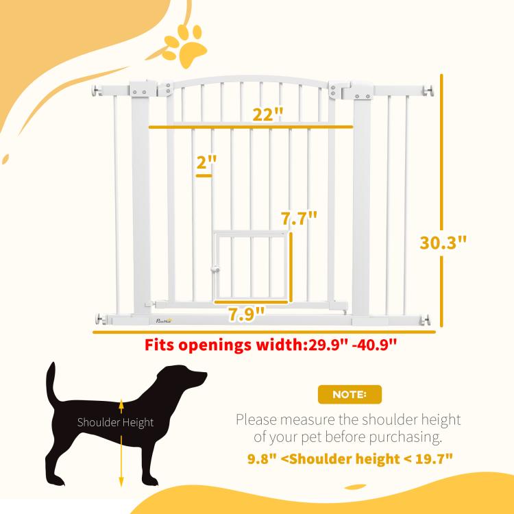 White walk-through pet gate size diagram with adjustable opening fit