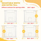 White walk-through pet gate infographic showing adjustable width and extra tall height