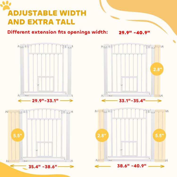 White walk-through pet gate infographic showing adjustable width and extra tall height