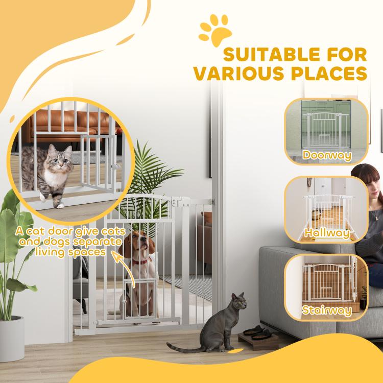White walk-through pet gate infographic for home hallway and room separation