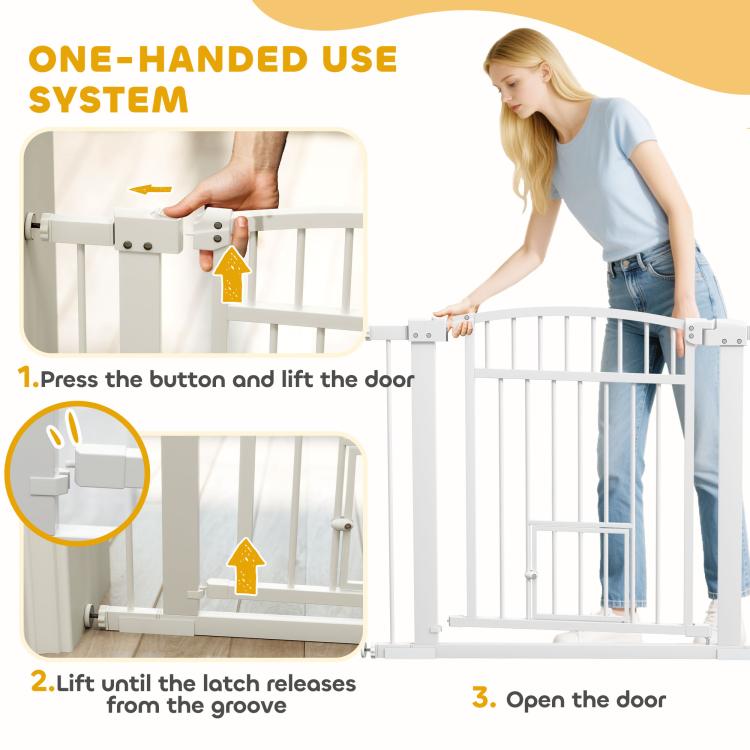 White walk-through pet gate infographic showing one-handed door release