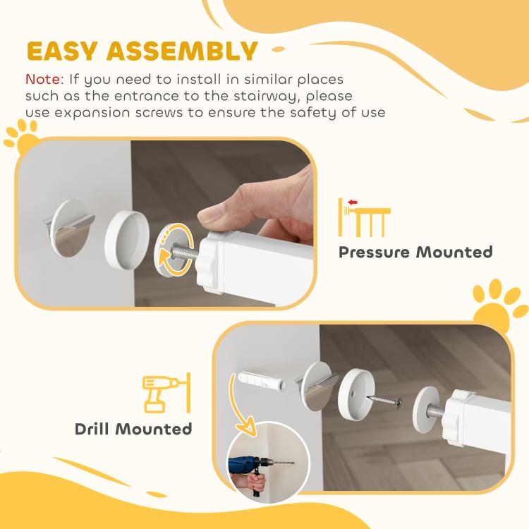 White walk-through pet gate infographic showing pressure and drill mounting options